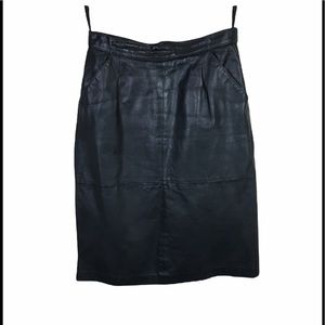 Vintage black genuine leather midi skirt